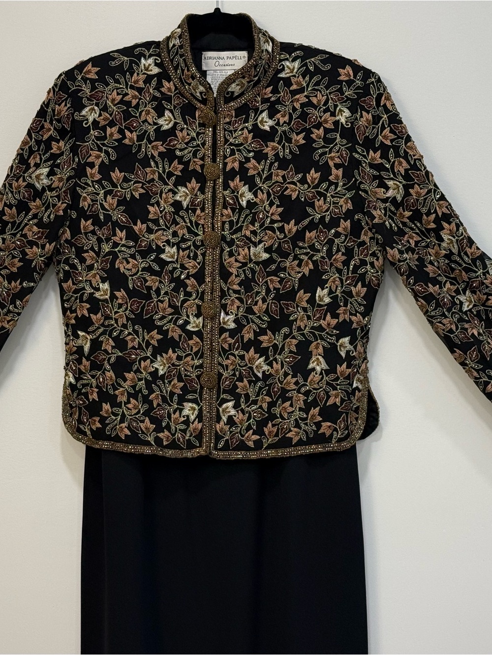 Adrianna Papell Black Sheath Dress with Jacket Gold & Copper Floral Embroidery